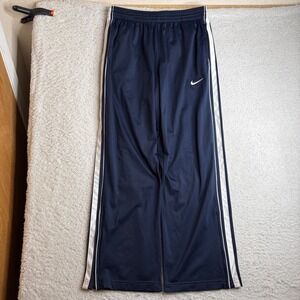 Nike Mens Navy Blue Track Pants Swoosh Logo Y2K loose baggy 1o inch leg open L